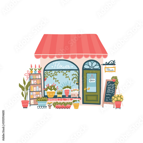Authentic flower shop. Exterior view of the facade in the city. Cute illustration in simple hand drawn cartoon style. Vector Isolate in a color palette on a white background.