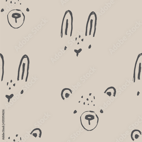 Forest sketch nursery seamless pattern. Bear and hare faces in minimalistic trendy line Scandinavian childish style. Cute animals with a black brush on a beige background.
