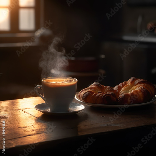 Знімок чашки кави на винос на столі поруч із тарілкою з тістечками, ідеально освітленого акцентним освітленням, щоб підкреслити пару, що піднімається від кави, і пластівчасті маслянисті шари тістечок.