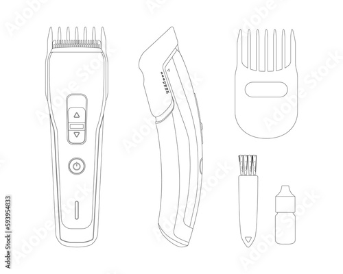 Outline isolated hair clipper. Contour trimmer blueprint. Barber tools drawing with accessories. Electric haircut machine. Hairdresser instrument in side, top views