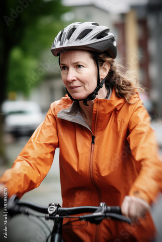 Frau fährt an einem regnerischem Tag mit Fahrrad - Generative AI