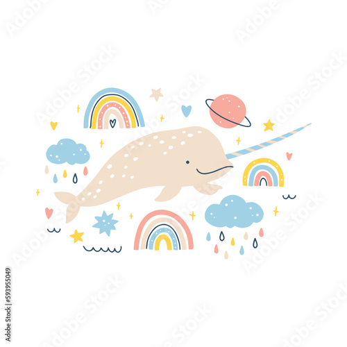 Narwhal in simple hand drawn scandinavian style. Cute sea animal with simple rainbow elements with rain, planets and stars in a colorful pastel clean palette. Vector isolate on a white background photo