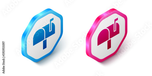Isometric Mail box icon isolated on white background. Mailbox icon. Mail postbox on pole with flag. Hexagon button. Vector