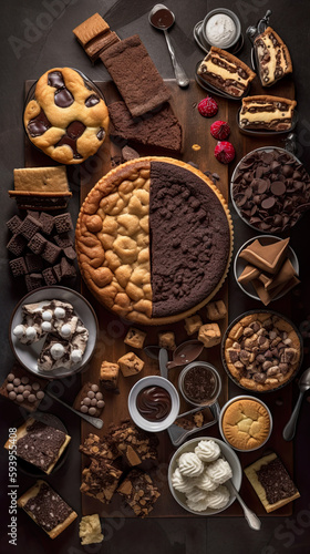 American sweets, flat lay, top view assorted cookies and traditional desserts, AI generative overhead view of knolling arrangement © Friedbert