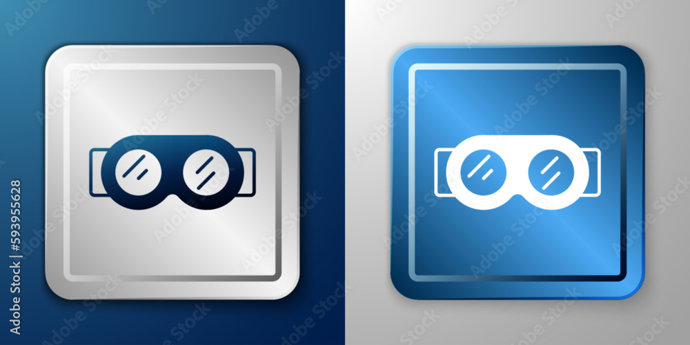 White Welding glasses icon isolated on blue and grey background. Protective clothing and tool worker. Silver and blue square button. Vector White Welding glasses icon isolated on blue and grey background. Protective clothing and tool worker. Silver and blue square button. Vector