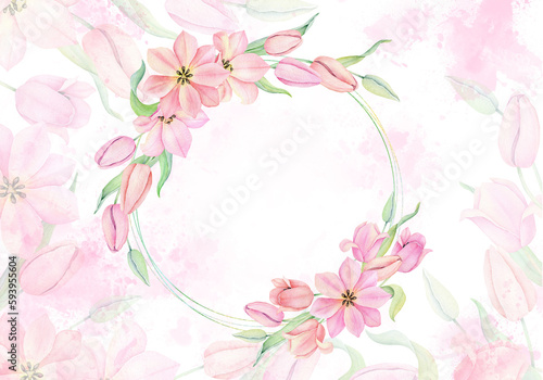 Watercolor pink tulip on white background. Hand drawn botanical illustration. wedding invitation floral template © Daryartsy