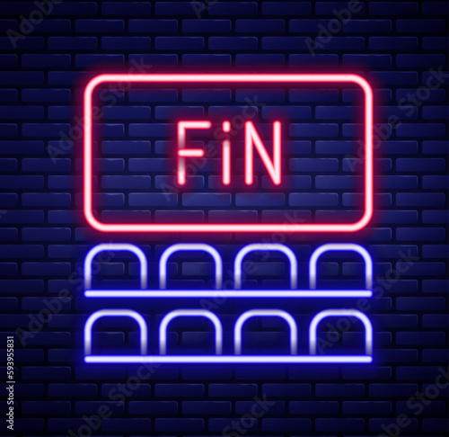 Glowing neon line Cinema auditorium with screen icon isolated on brick wall background. Colorful outline concept. Vector