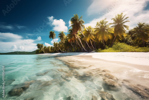 Beautiful beach with white sand and palm trees on tropical island. AI generated