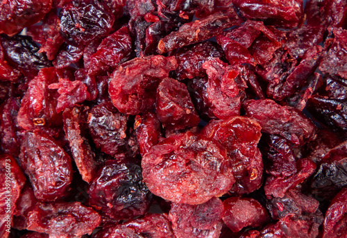 A close-up of many dehydrated cranberries