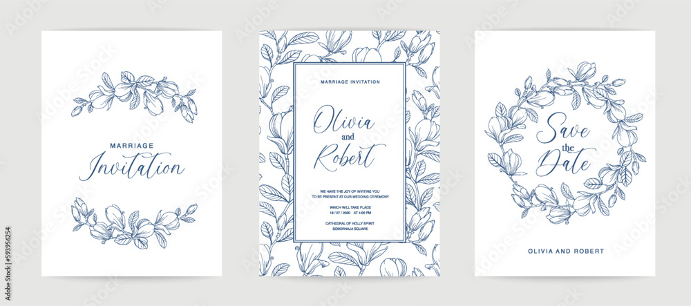 Marriage design template with custom names in frame with floral magnolia. Vector illustration.