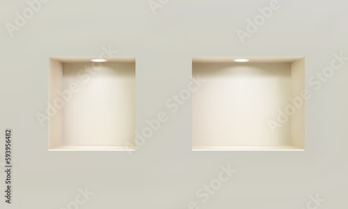 Two empty niches or shelves on white wall with led spotlight 3D mockup. Shop, gallery showcase to present product. Blank retail storage space. Interior design furniture. Living room bookshelf