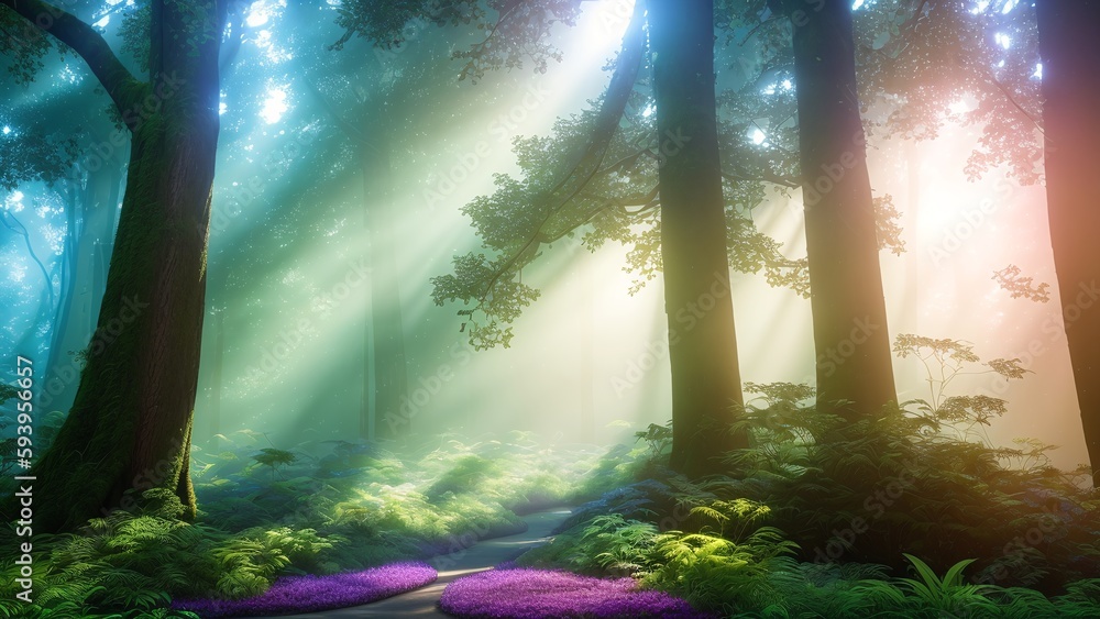 A Dreamy Scene Of A Forest With A Path And Trees AI Generative A Dreamy Scene Of A Forest With A Path And Trees AI Generative