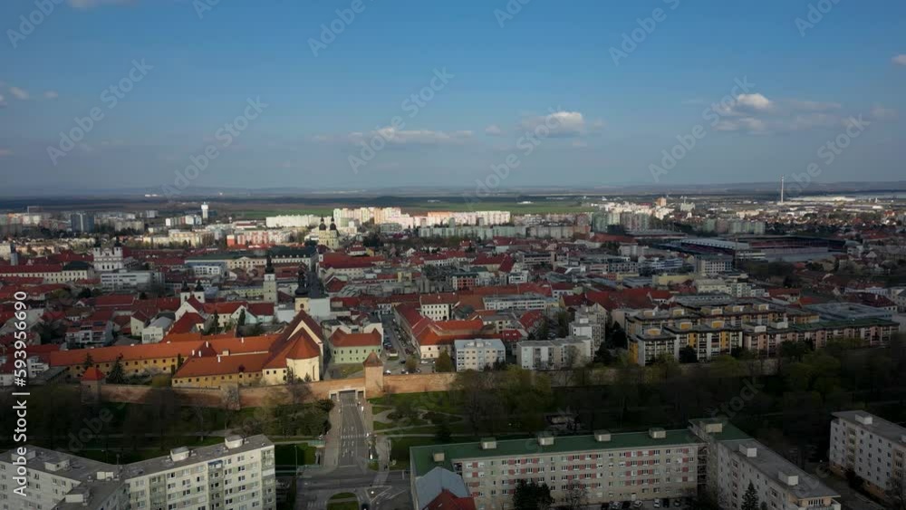 Aerial view of Trnava St John the Baptist Cathedral and Saint Nicolas Church, 4k Aerial view of Trnava St John the Baptist Cathedral and Saint Nicolas Church, 4k