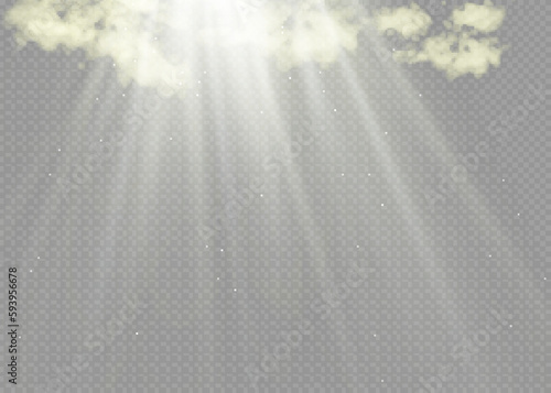 Sun rays . Transparency is created by fog or smoke. Cloud vector, snow storm. Shine of the sun through the haze. blue sky. Heavenly light.
