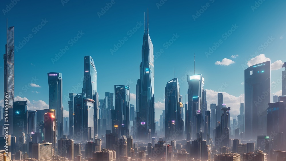 An Expressive View Of A City With Skyscrapers And A Blue Sky AI Generative
