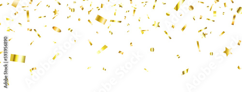 Gold confetti frame. Bright golden festive tinsel. Falling shiny confetti. Celebration banner. Party luxury background. Holiday design elements. Anniversary poster decoration. Vector illustration