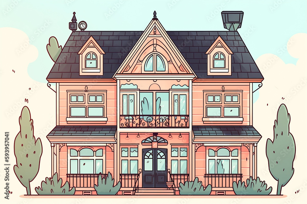 Cute house exterior, watercolor painting, Generative AI,