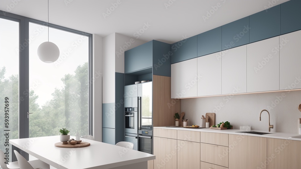 Fototapeta premium An Intriguing Kitchen With A Large Window And A White Table AI Generative
