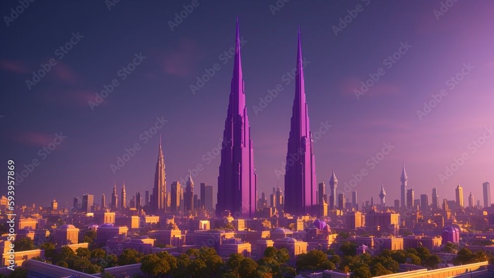 A Vivid Picture Of A City With Tall Buildings And A Purple Sky AI Generative