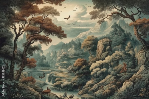 wallpaper whit forest and leaves  old drawing vintage - generative ai 