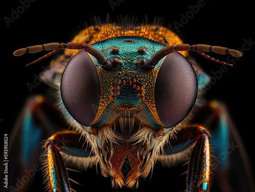 An insect has a colorful striped face macro close-up. Generative AI © Chris