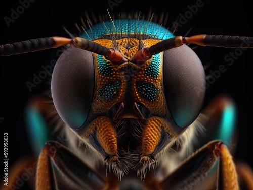 An insect has a colorful striped face macro close-up. Generative AI © Chris