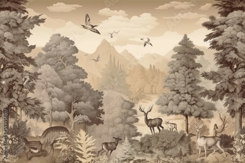 wallpaper whit forest and leaves  old drawing vintage - generative ai 