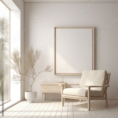 White living room design. View of modern scandinavian style interior with artwork mock up on wall 