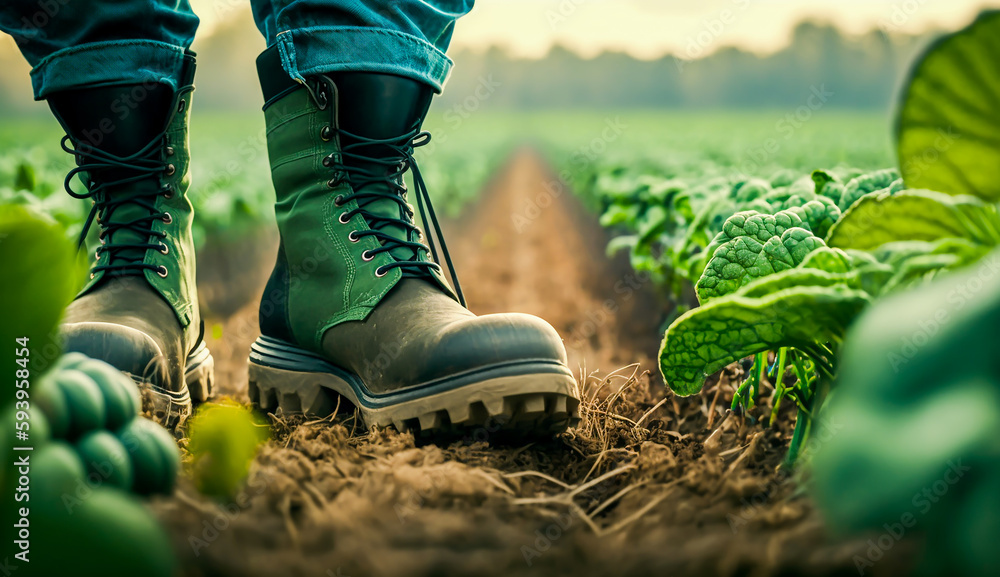 Fototapeta premium close-up of a farmer's feet in rubber boots walking in field green plants with agricultural vehicle background, Generative AI