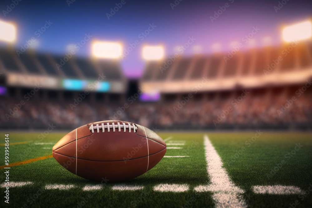 Closeup of American football on fresh field in the evening on the background of blurred stands, ball for American football, generative ai Closeup of American football on fresh field in the evening on the background of blurred stands, ball for American football, generative ai