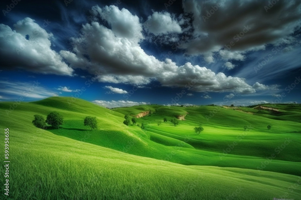 Fototapeta premium Beautiful field nature landscape background panorama with blooming glade, trees, hills and blue sky, generative ai