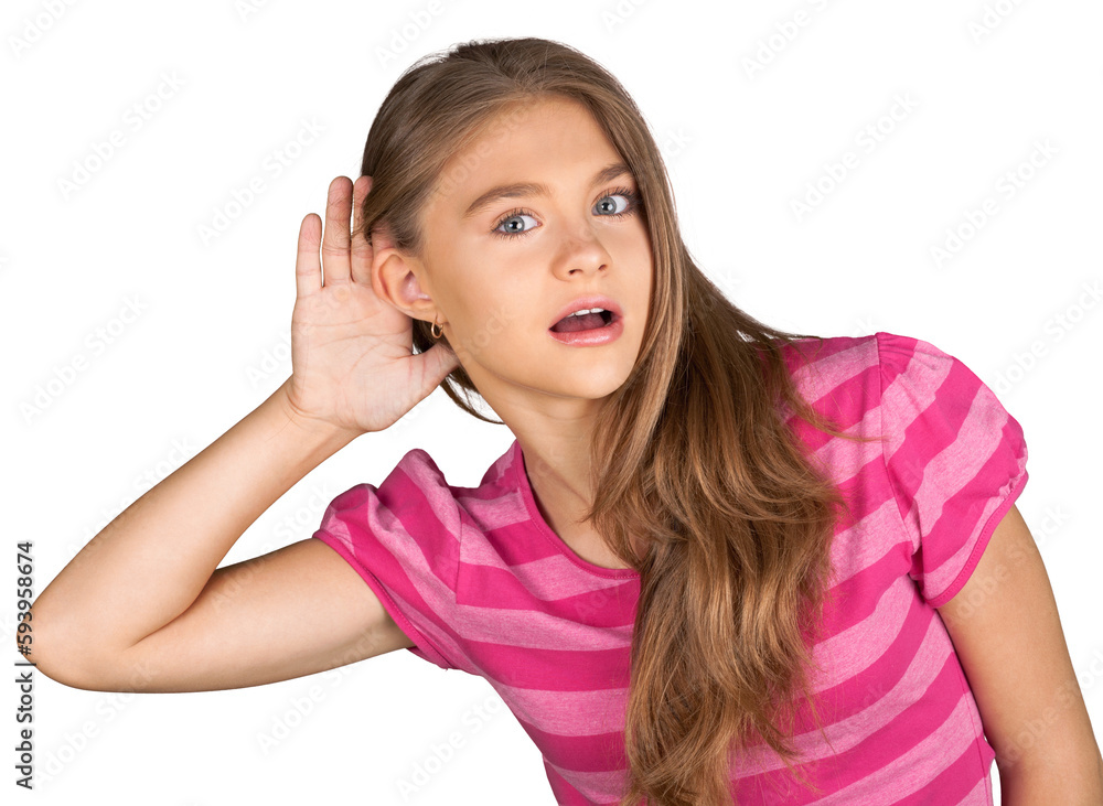 Portrait of a Surprised Young Girl Holding her Hand Near her Ear Portrait of a Surprised Young Girl Holding her Hand Near her Ear