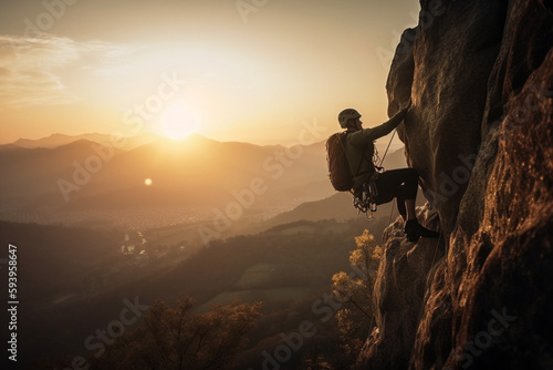 Climber climb mountain behind which the sun rises, climber are moving towards up to the mountains, generated ai