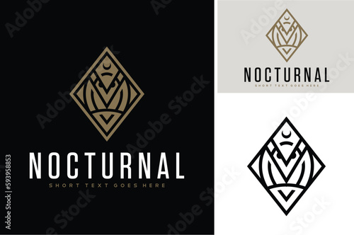 Luxury Classic Owl Bird on Branch with Art Deco Line Art Style with Crescent Moon Nocturnal logo design