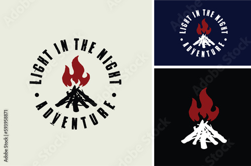 Burning Wood with Fire Flame for Bonfire Campfire Adventure Camp Outdoor Label Emblem Vintage Retro logo design