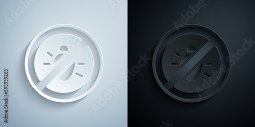 Paper cut Stop colorado beetle icon isolated on grey and black background. Paper art style. Vector