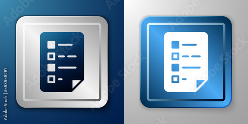 White Clipboard with checklist icon isolated on blue and grey background. Control list symbol. Survey poll or questionnaire feedback form. Silver and blue square button. Vector