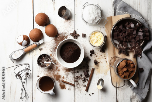 Making a chocolate cake. Top view of a kitchen table with ingredients and tools. Generative AI photo