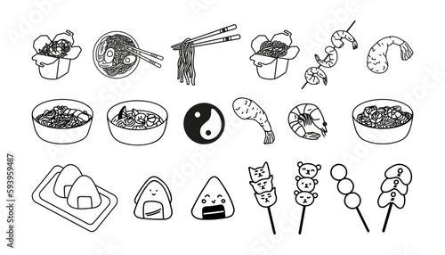 Asian food, hand drawn doodle onigiri, shrimp, dango, pho bo soup, pad thai, tom yum, udon noodles
