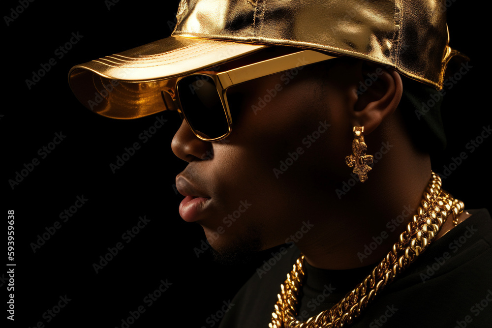 Stylish man, rapper in golden outfit, futuristic fashion. AI - obrazy, fototapety, plakaty 