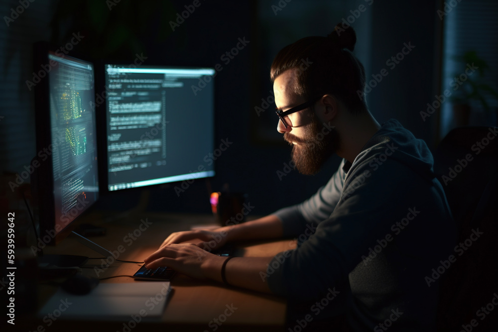Young bearded man working on computer. AI