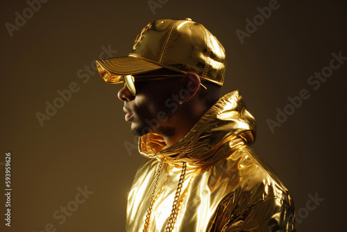 Stylish man, rapper in golden outfit, futuristic fashion. AI