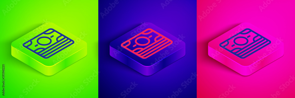 Isometric line Stacks paper money cash icon isolated on green, blue and pink background. Money banknotes stacks. Bill currency. Square button. Vector Isometric line Stacks paper money cash icon isolated on green, blue and pink background. Money banknotes stacks. Bill currency. Square button. Vector