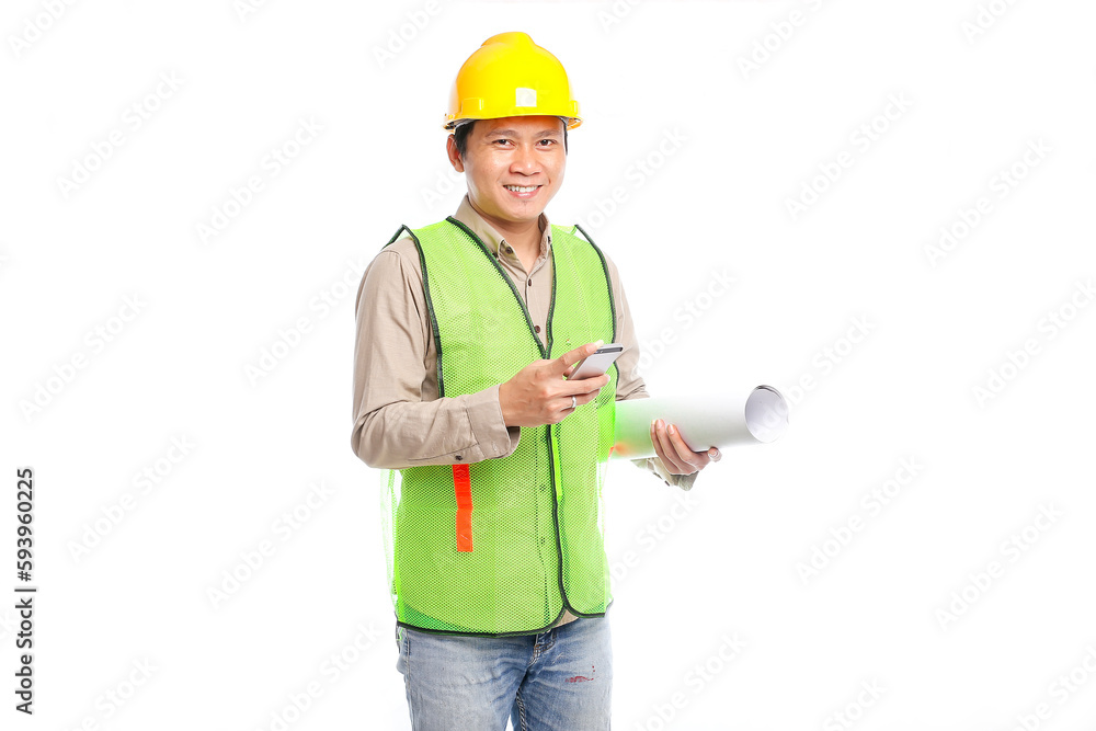 Portrait of young Asian engineer male worker in protective safety uniform helmet standing holding smartphone data technology device isolated on white background. Portrait of young Asian engineer male worker in protective safety uniform helmet standing holding smartphone data technology device isolated on white background.