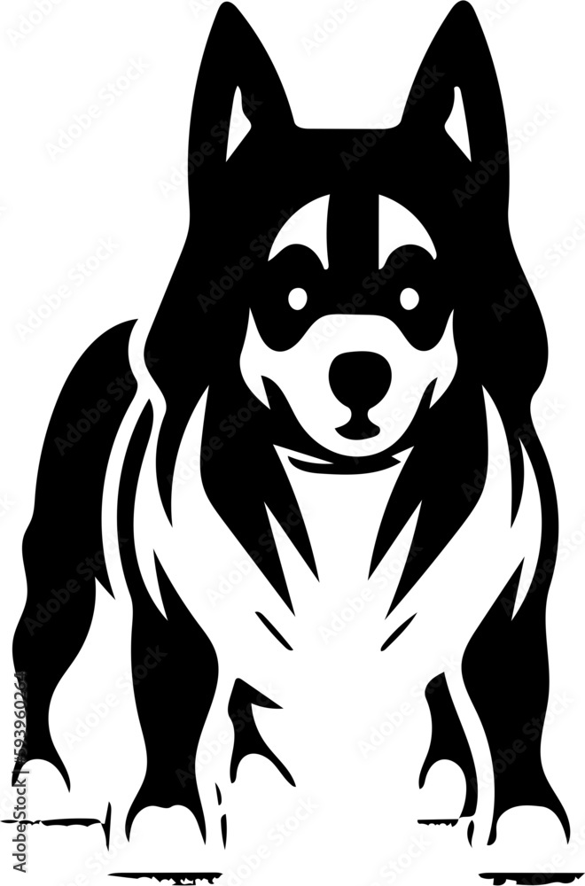 Black and white vector illustration of a cute dog, silhouette drawing, logo design 