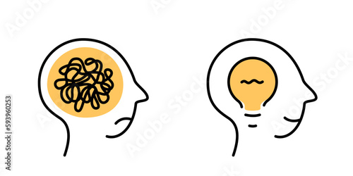Head with lightbulb and chaos line icon. Concept of new idea illustration