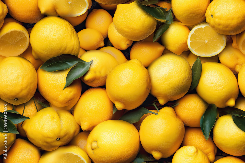 Lemons and lemons background. Top view, copy space. Generative AI