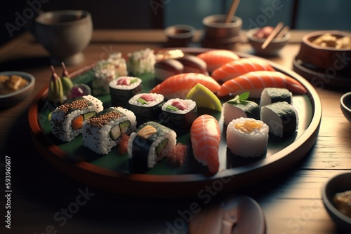 Sushi and maki platter. Many rolls organized. Japanese food. 