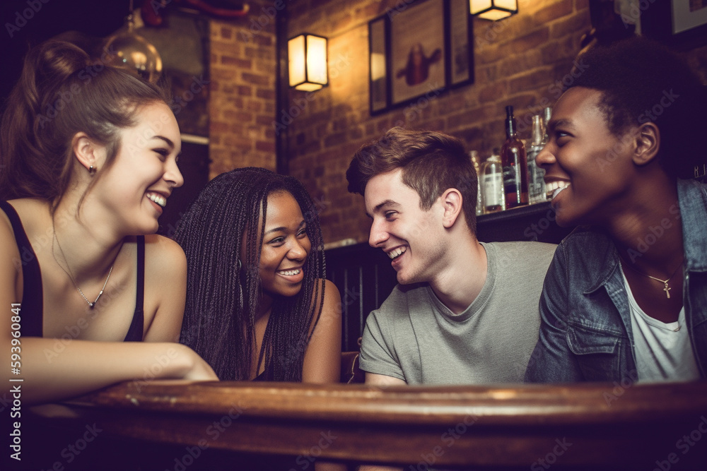 Diverse group of young people of different races hanging out in a bar and having fun. Generative AI Diverse group of young people of different races hanging out in a bar and having fun. Generative AI