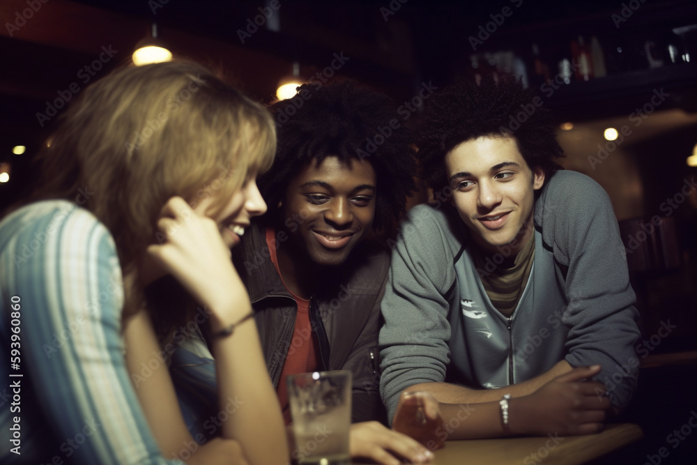 Diverse group of young people of different races hanging out in a bar and having fun. Generative AI Diverse group of young people of different races hanging out in a bar and having fun. Generative AI